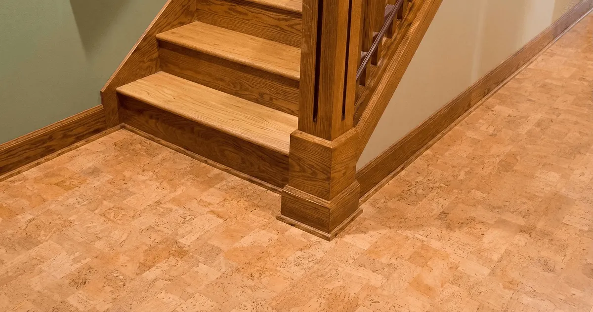 End of a staircase with cork flooring in Erie, PA