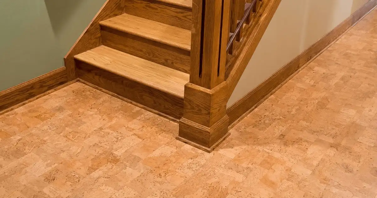 End of a staircase with cork flooring in Erie, PA