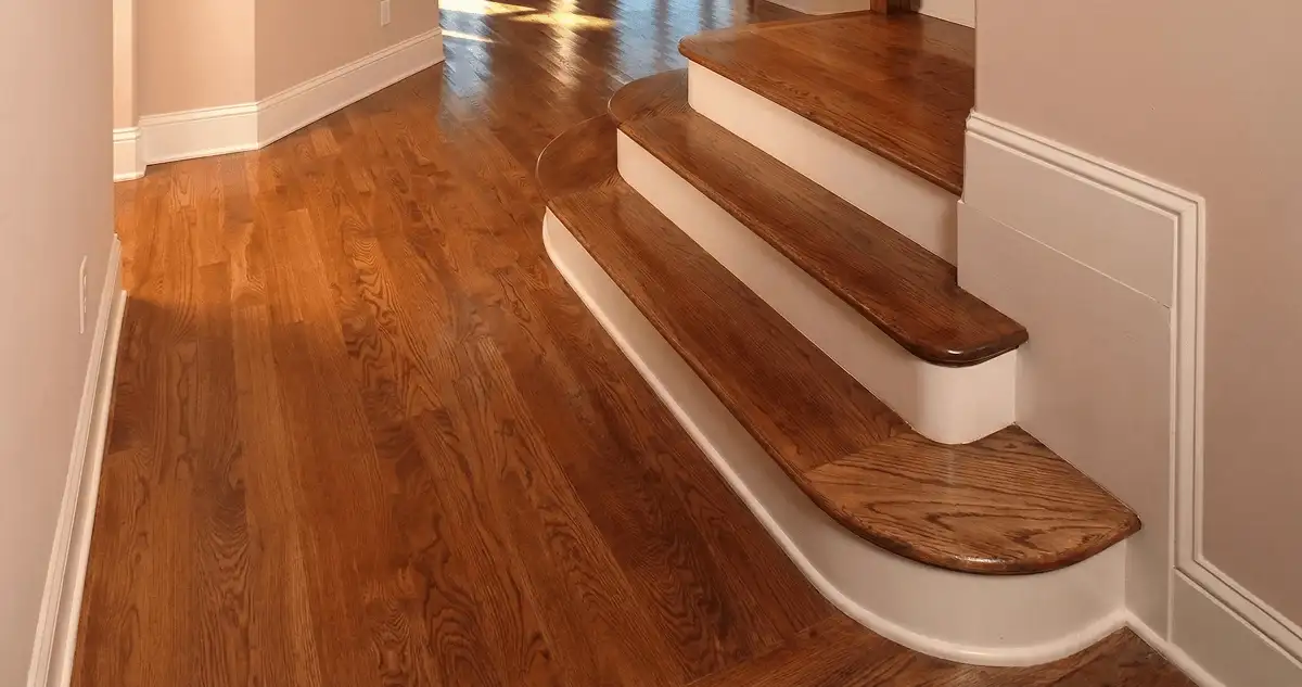 Base floor of a staircase with professionally restored wood flooring in Erie PA