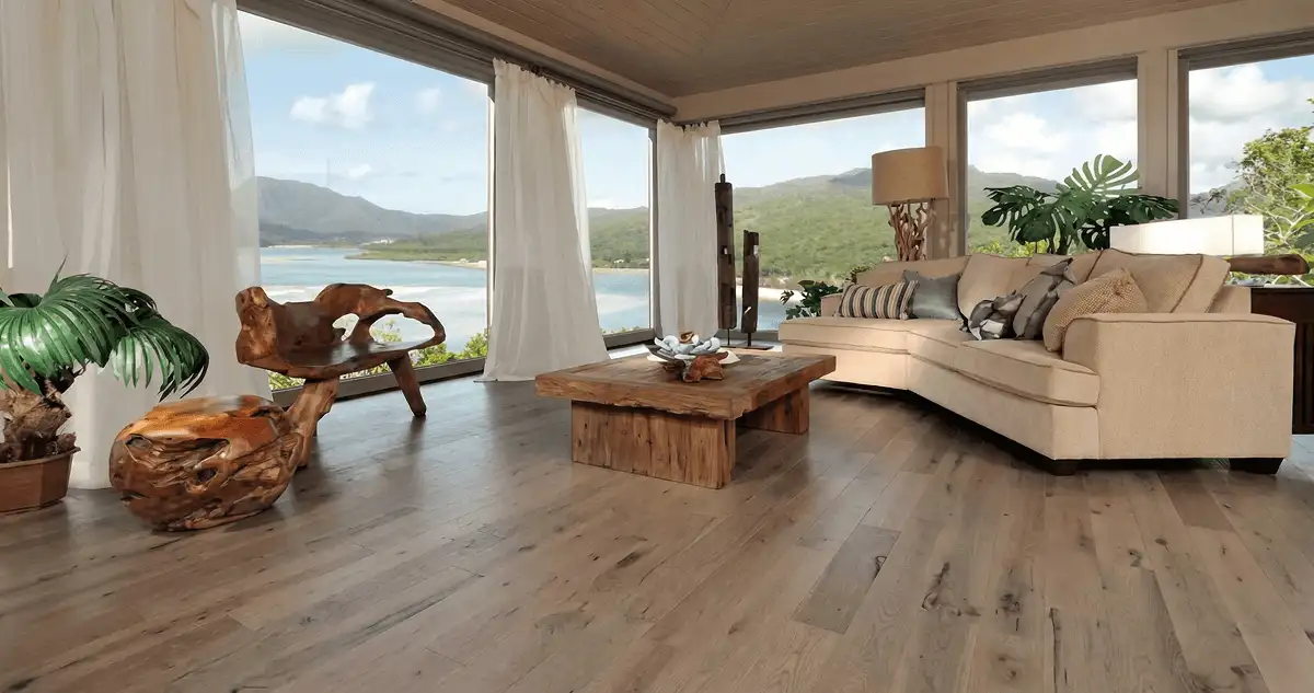 Professionally installed vinyl flooring in a modern living room with large windows in Erie, PA